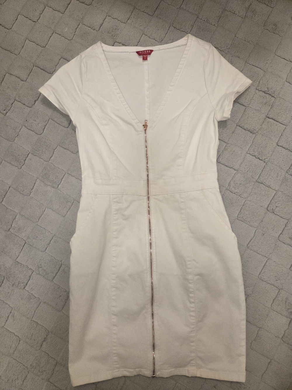 Guess Short Sleeve Zip-Front White Denim Dress
